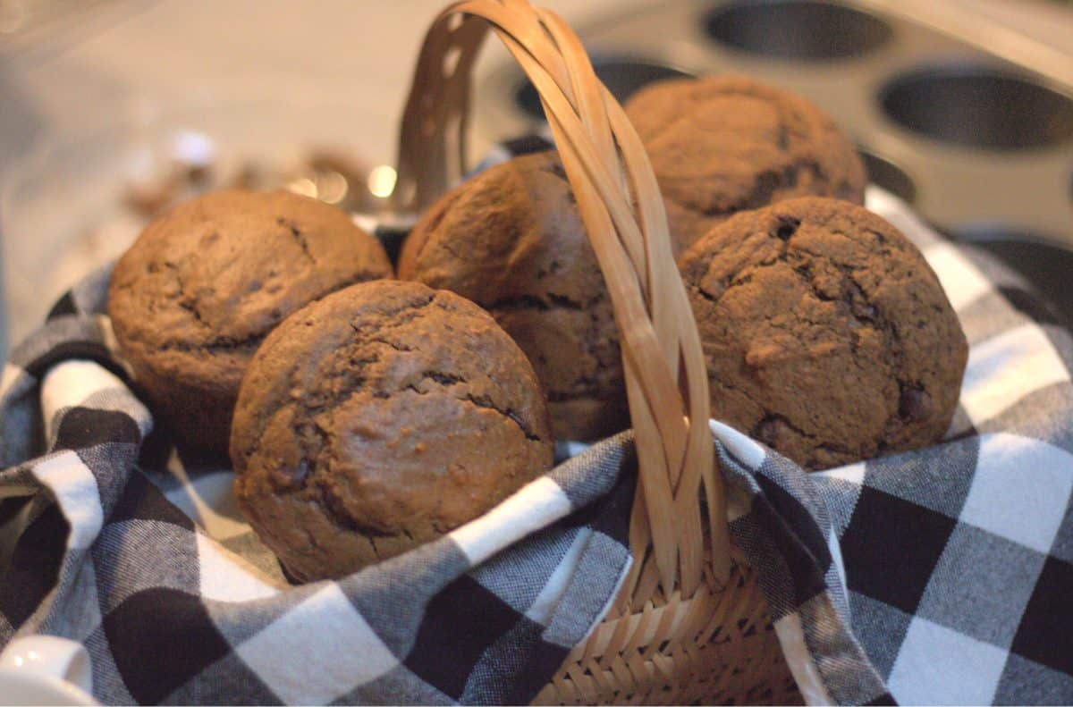 cappuccino muffins with chocolate chips in basket