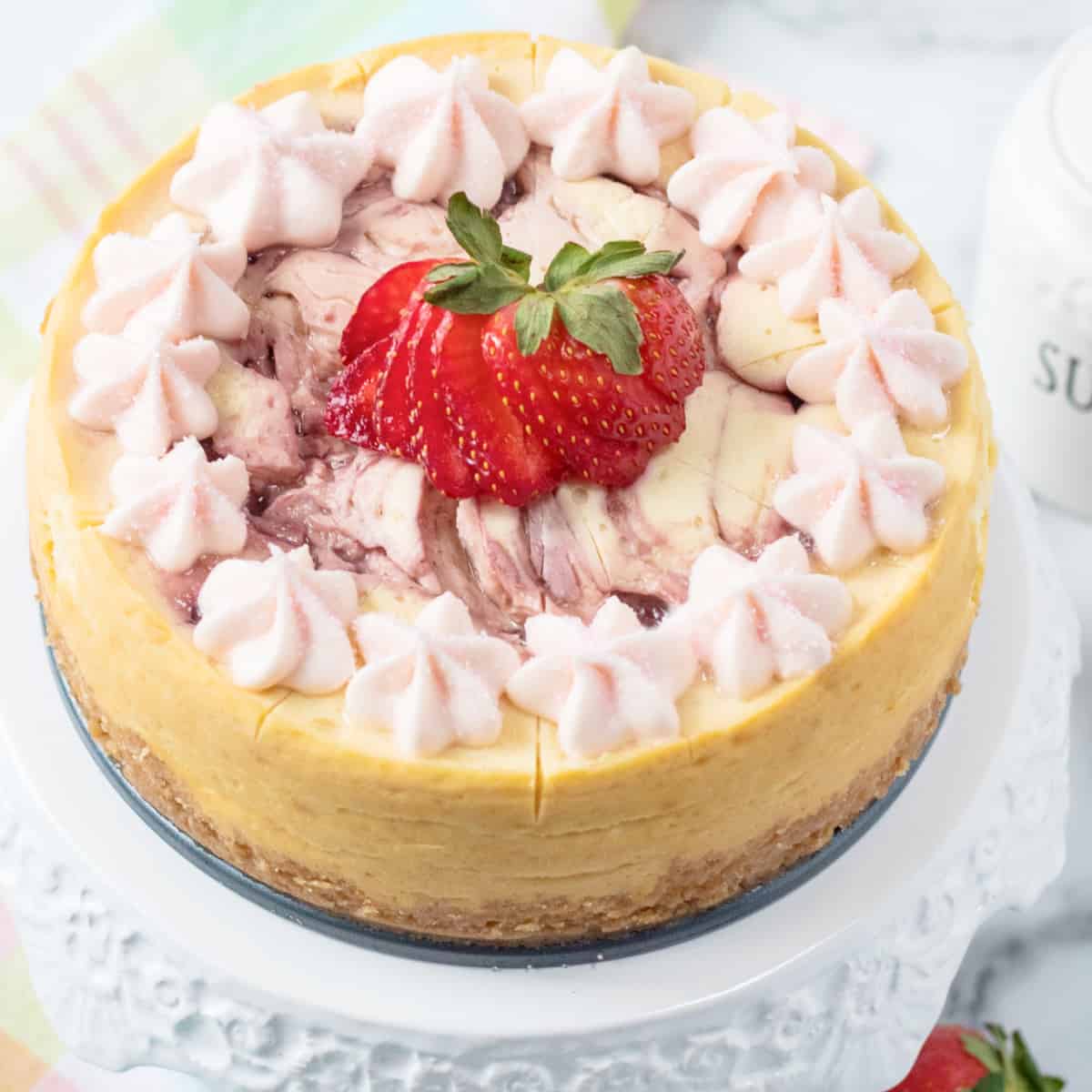 strawberry cheesecake on platter