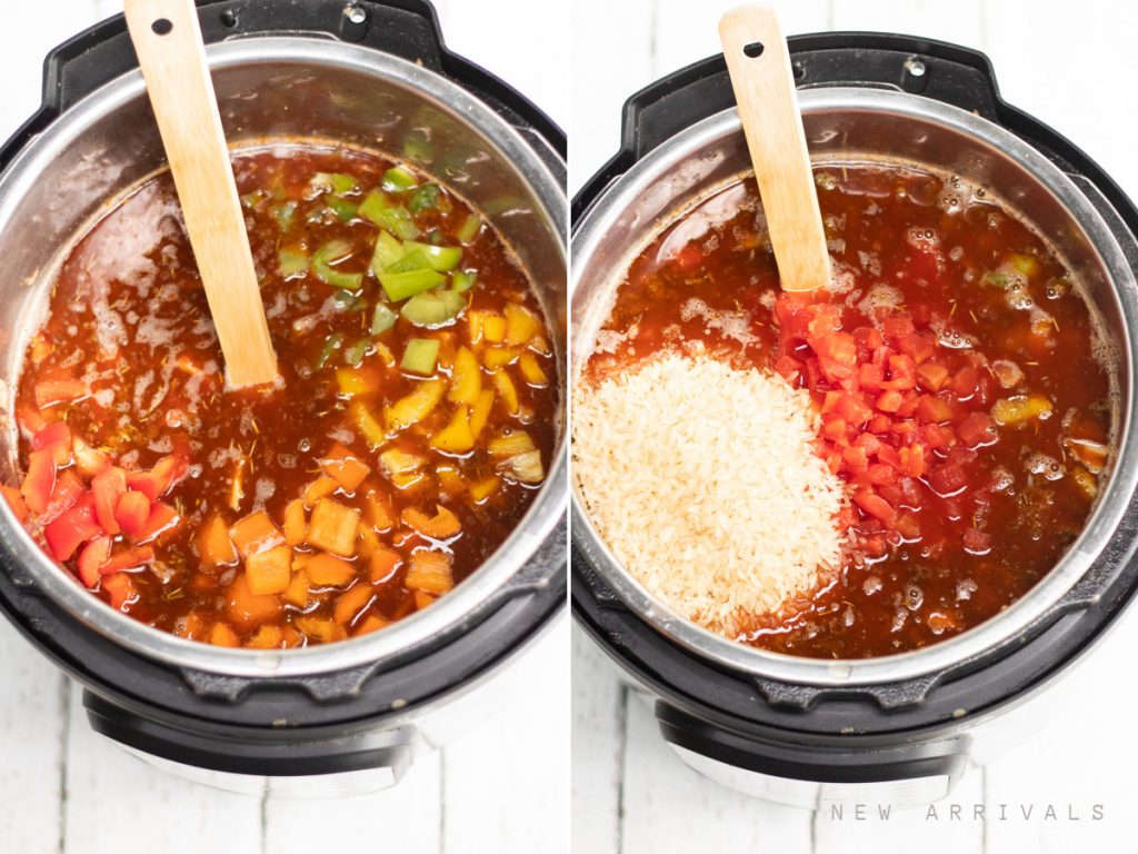 adding vegetables and rice to the stuffed pepper soup