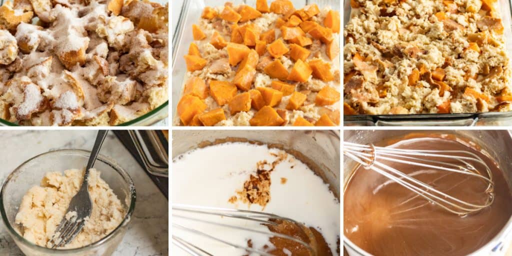 process of making sweet potato bread pudding with maple sauce