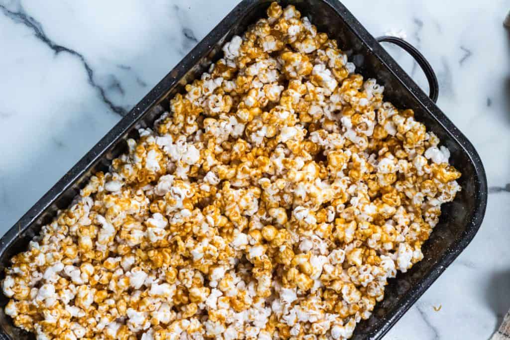 pan of popcorn with toffee 