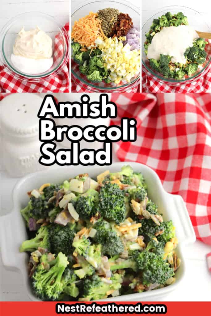 amish broccoli salad on white plate with red check napkin