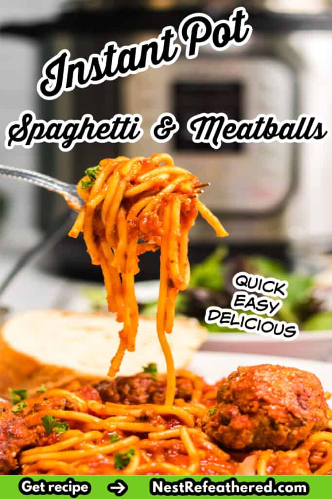 instant pot spaghetti and meatballs on a fork