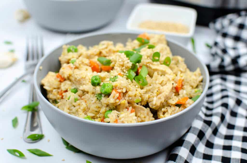 instant pot chicken fried rice in gray bowl