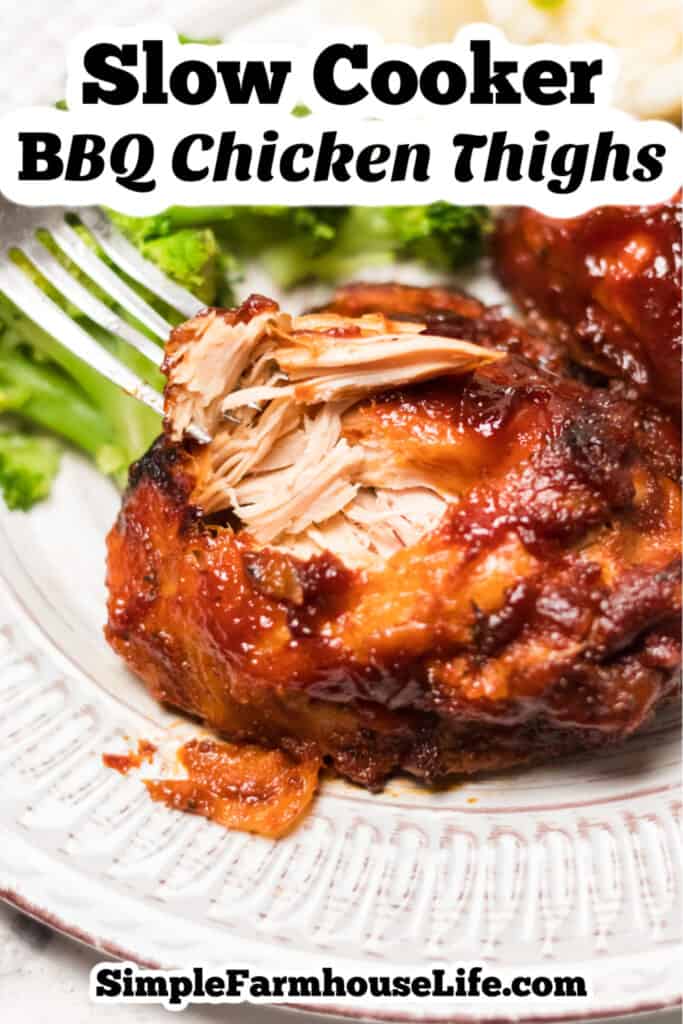 bbq chicken thighs on white plate with fork