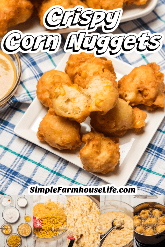 crispy corn nuggets piled on a white plate