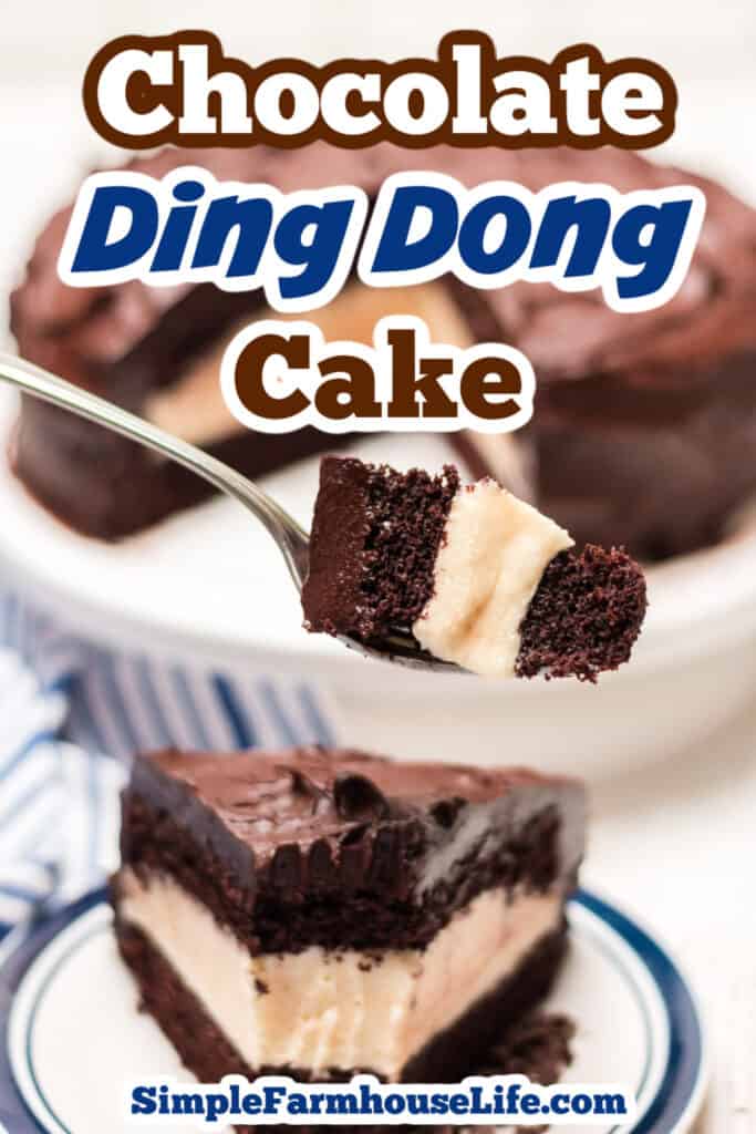 slice of ding dong cake on a blue and white plate