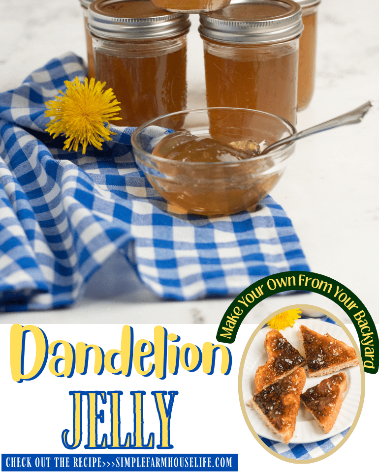 pin for dandelion jelly with jars of jelly