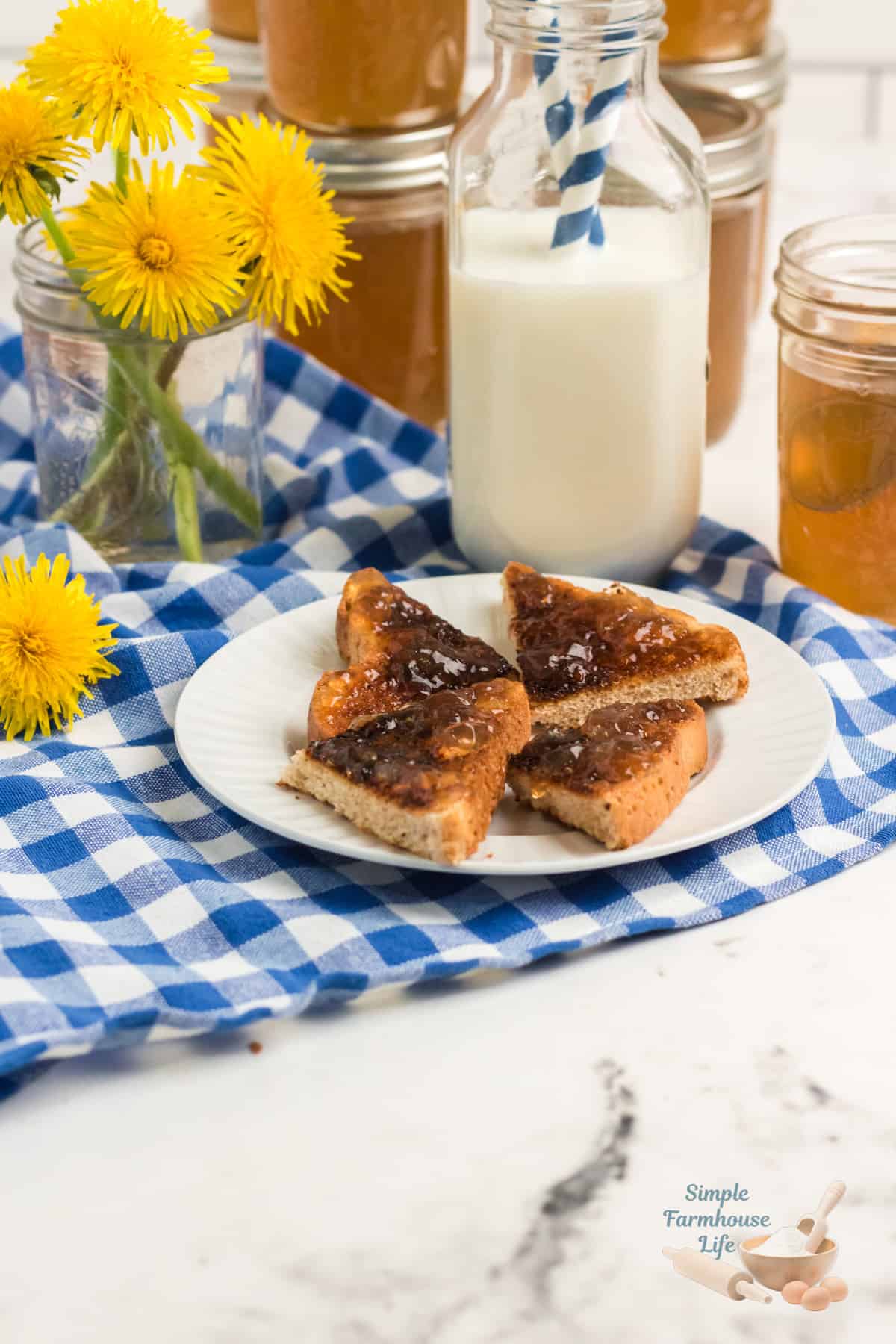 dandelion jelly on toast with milk and in jars