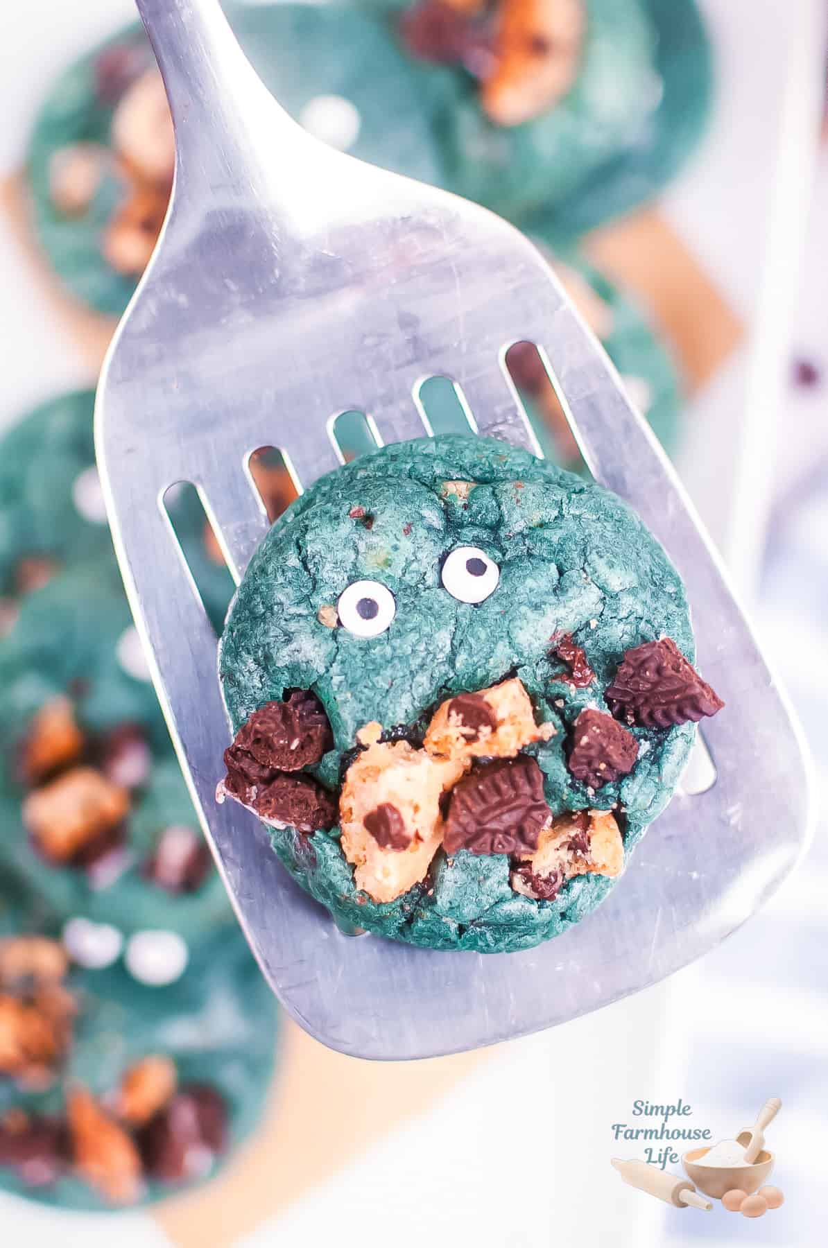cookie monster cookie on a spatula