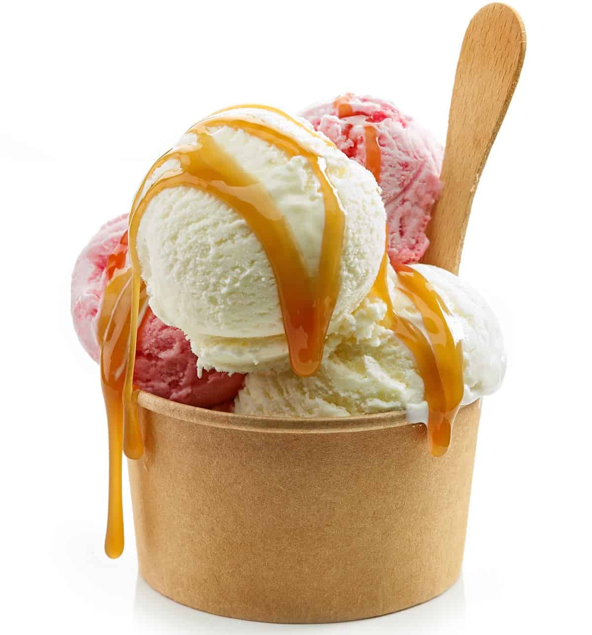 caramel sauce on ice cream in cup