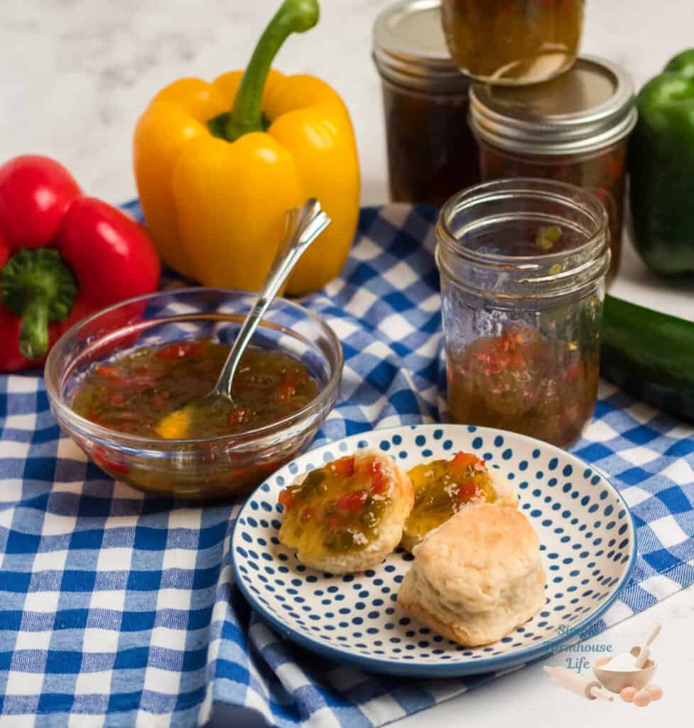 pepper relish jelly on biscuits and in bowl