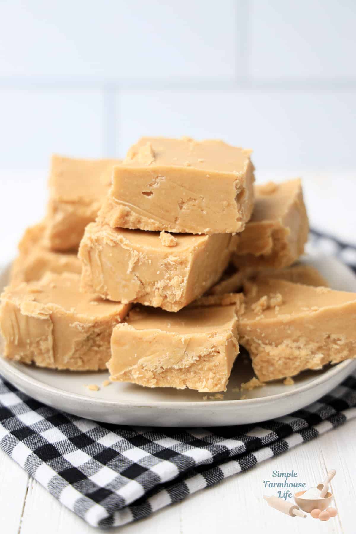 squares of peanut butter fudge on white plate with black and white checked napkin