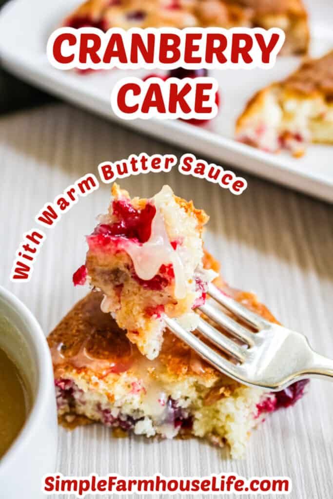bite of cranberry cake with butter sauce